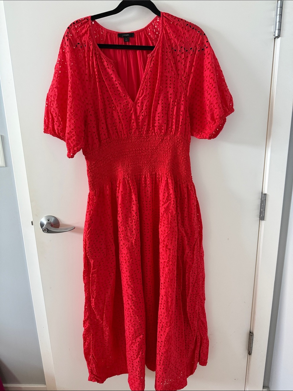 Bright Red J Crew Eyelet Midi Dress with Smocked Waist